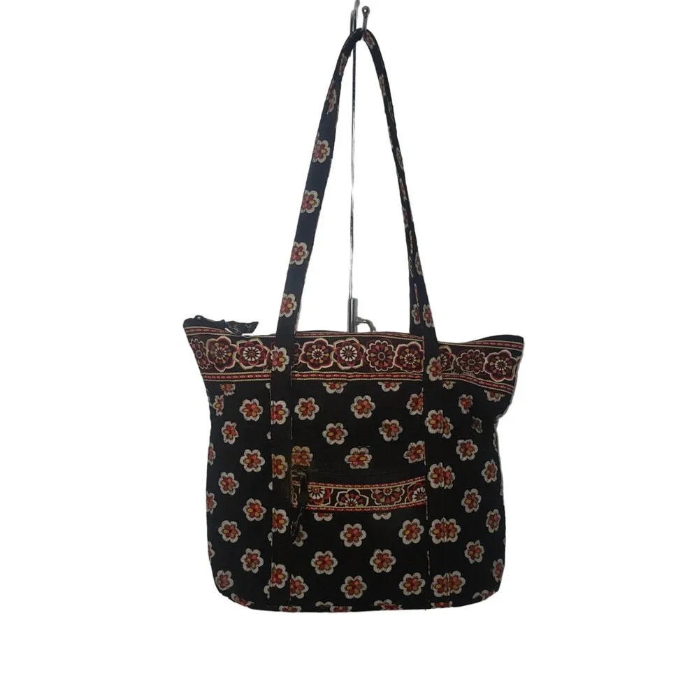 VERA BRADLEY PIROUETTE Retired 2010 Quilted Handbag Tote Black Orange Flowers